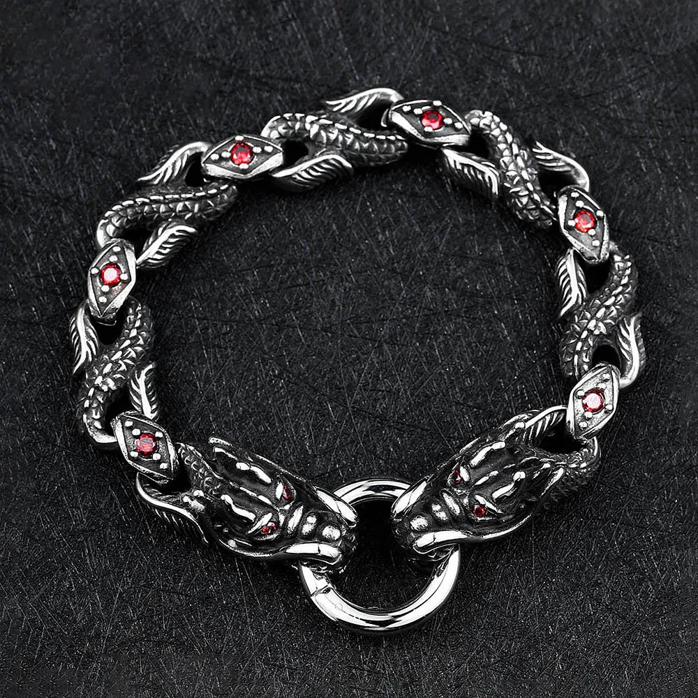 

New Vintage 316L Stainless Steel Dragon Bracelets With Red Stone Punk Hip Hop Fashion Domineering Male Aumlet Jewelry Wholesale