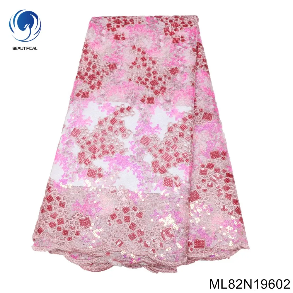

2023 New Pink High Quality African Lace Fabric Embroidered Swiss Tulle Sequin 5 Yards Party Dress ML82N196