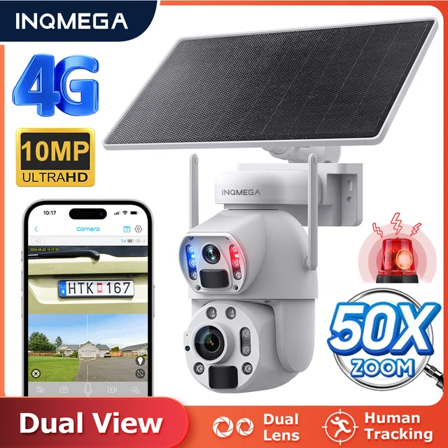 INQMEGA 50X ZOOM Solar Camera 4G SIM 10MP Outdoor 360° Wireless WIFI Battery Security Cameras with Solar Panel PIR Night Vision 1