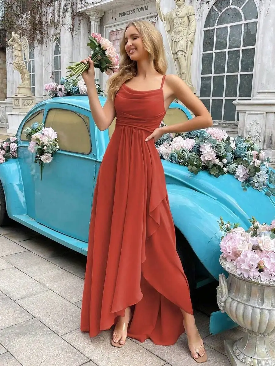 Chiffon Spaghetti Straps Elegant Bridesmaid Dresses Simple A-line