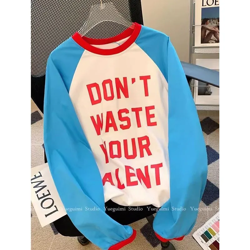 

2023 New Arrival Spring Autumn Korean Style Women Casual Tops Tees Letter Print O-neck Long Sleeve Cotton T-shirt D582