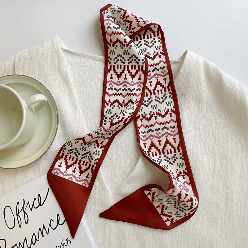 Luna&Dolphin Women Spring Skinny Long Scarf Red Geometry Letter Checkerboard Print Chiffon Silk Tie Bag Ribbon Headband Choker 5