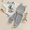 0-18M Baby Boy Easter Outfits Bunny Letter Print Short Sleeve Romper with Stripe Cuffs Long Pants and Hat 3 Pcs Set 1
