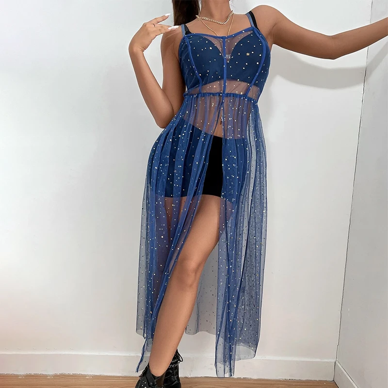 Beach Dress Women's Mesh Transparent Summer Dress Sleeveless Beach Dresses Bikini Cover Up Lightweight Beach Poncho Holiday Beachwear