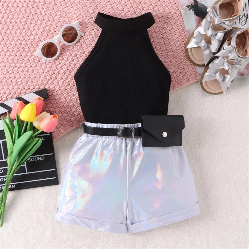 Girl's Halter Top with Holographic Shorts Set with Belt 1