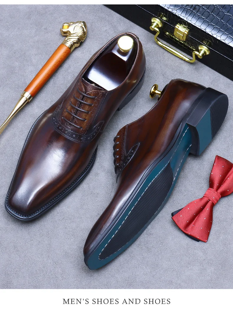 Men's pointy leather shoes, wedding groom, Bullock carved men's shoes, business suit, style Oxford, size 46