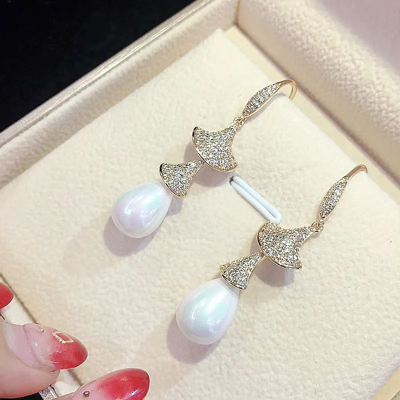 

personality trendy Drop Shell pearl Long earrings White Natural Zircon Women Simple Fashion Jewelry