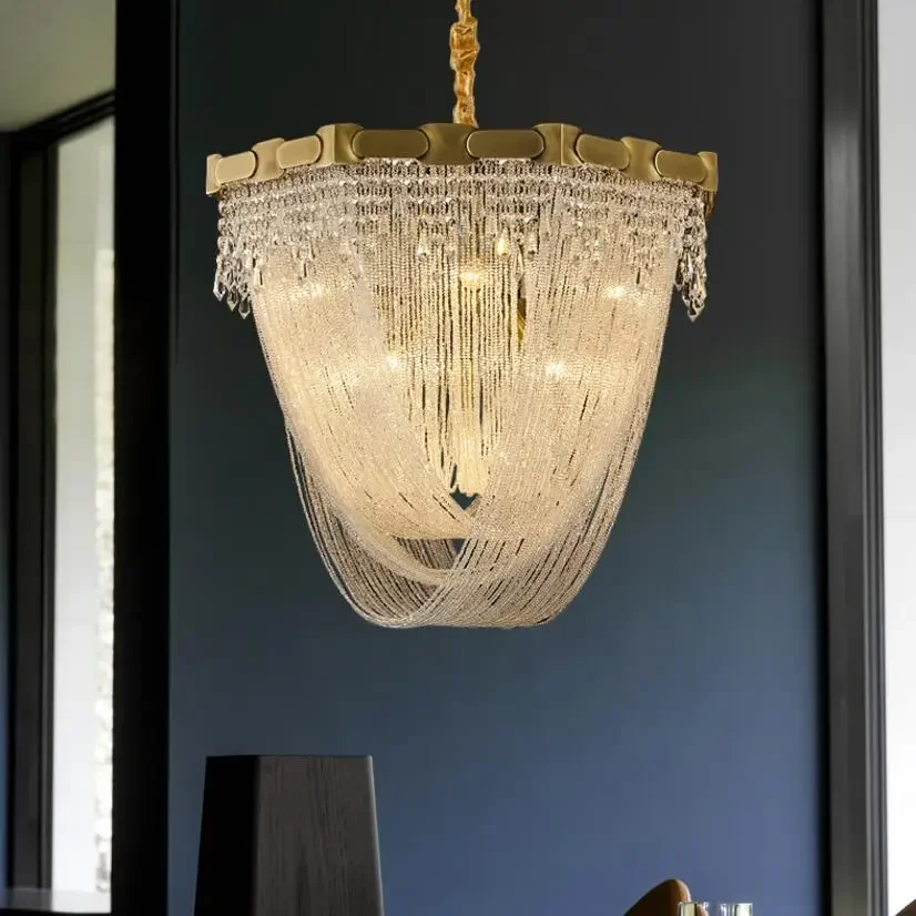 

American crystal living room chandelier luxury gold villa hall lamp dining room island LED lighting