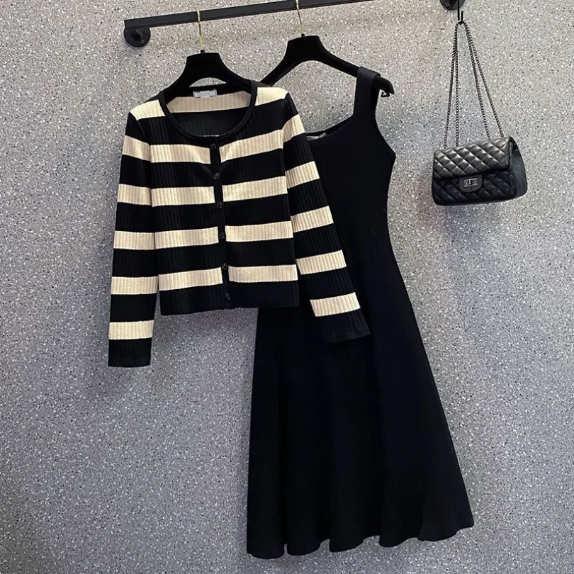 한국 스트라이프 니트 가디건 여성 투피스 세트, 캐주얼 원피스, 우아한 여성복, 용수철 가을
