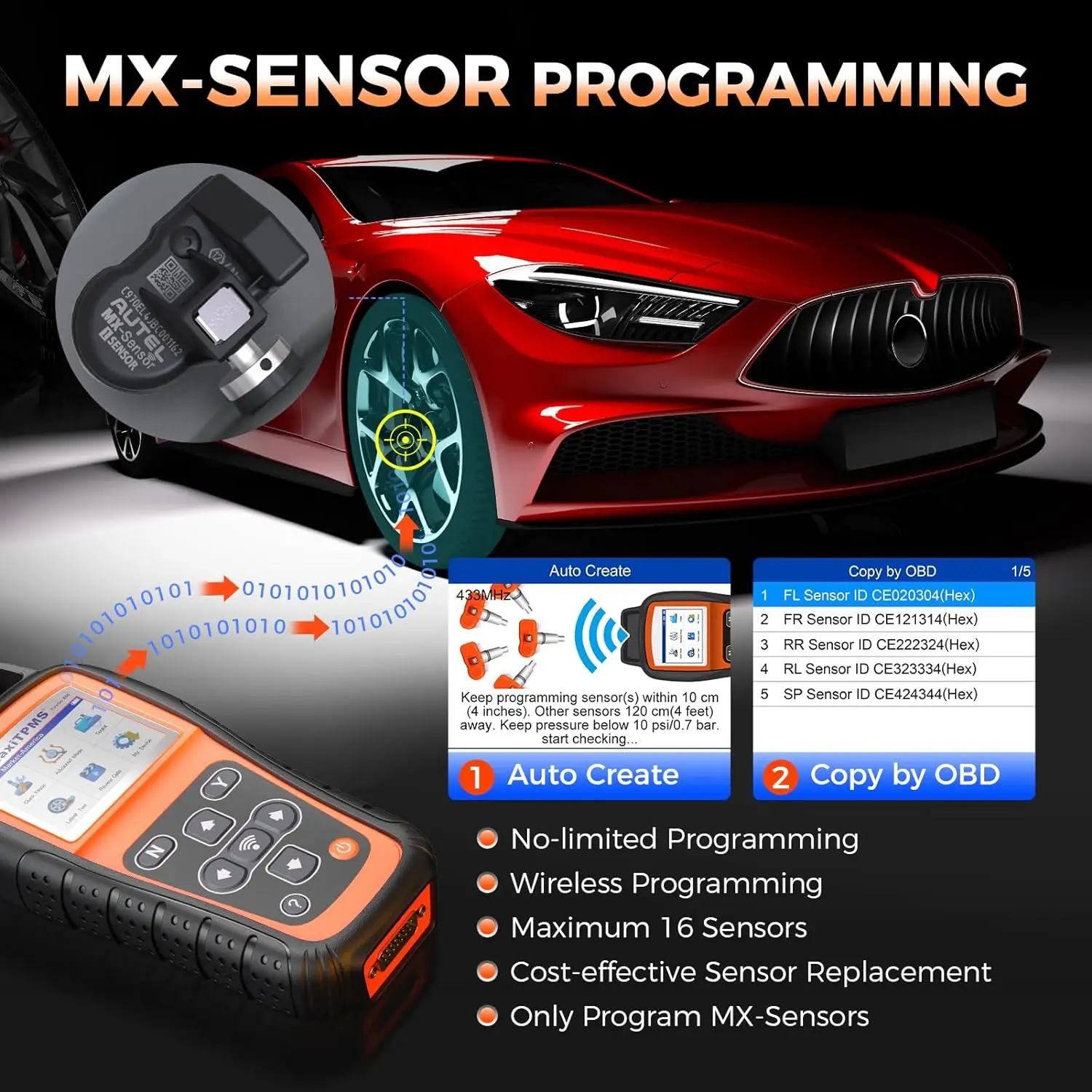 OTOFIX TireGo 808 TPMS 프로그래밍 도구, TPMS 재학습 도구, 모든 센서 프로그램 활성화, MX-센서 315, 433MHz 타이어 압력 모니터
