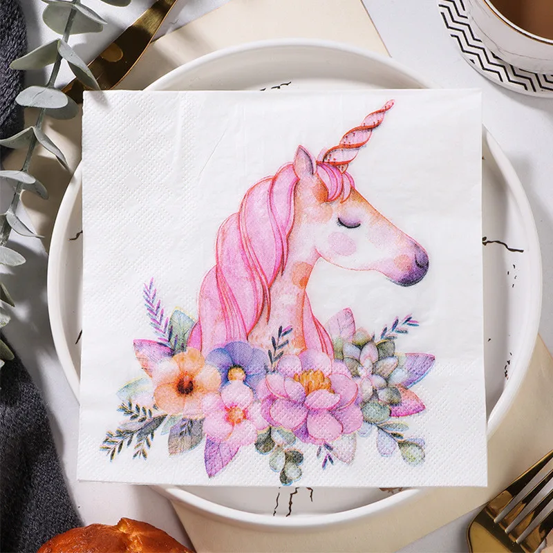 20Pcs Disposable Pink Unicorn Flower Printed Table Dinner Tissue Napkins Paper Wedding Party Decoration Supplies