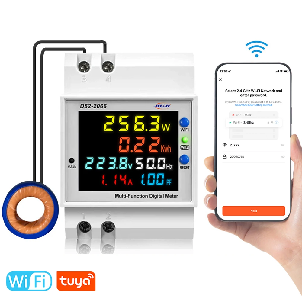 Tuya WiFi Home Intelligent Digital Electricity Meter DIN-Rail Voltage and Current Meter Power Factor Frequency Metering Meters
