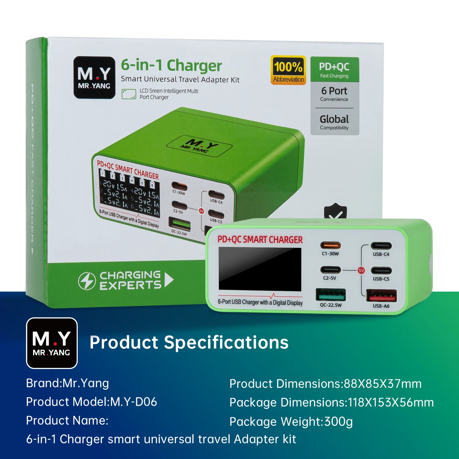 YCS M.Y-D06 6포트 USB 충전기 고속 충전 스테이션 디지털 디스플레이 데스크탑 파워 허브 (휴대폰 다중 장치 충전 및 수리용)