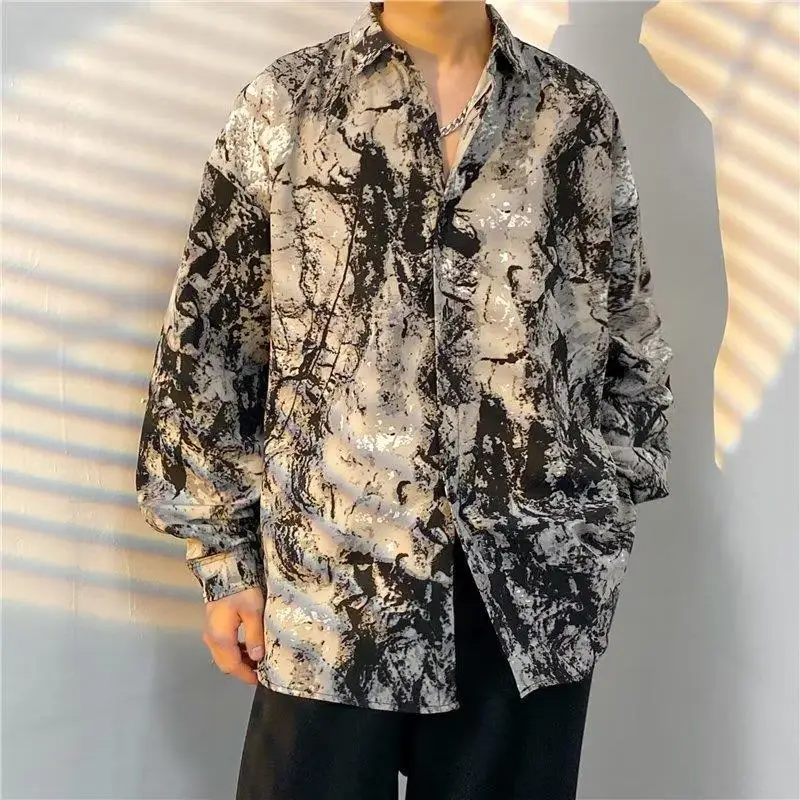 

E-BAIHUI Print Mens Shirts Spring and Antumn Loose Casual Shirts for Men Long Sleeve High Street Lapel Nich Men Clothing Tees