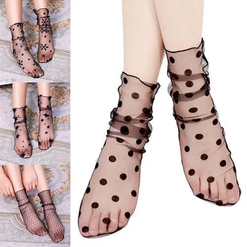 1Pair Retro Sexy Dot Lace Floral Mesh Socks Women Transparent Middle