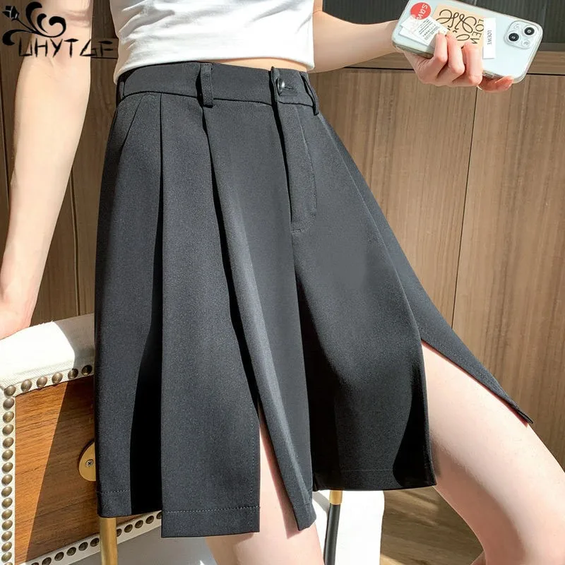 

UHYTGF Suit Shorts For Women's Clothing Summer Elastic High Waist Loose Pleated Slit Pocket A-Line Wide Leg Female Casual Shorts