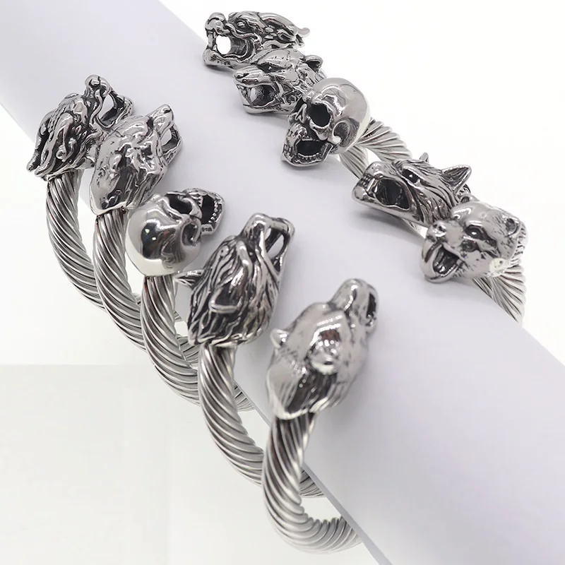 

Hip Hop Gothic Wolf Skull Bracelet for Men Women Hot 316L Stainless Steel Solid Metal Opening Kpop Gift