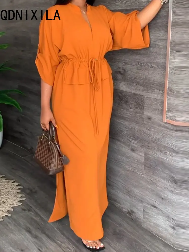 

Шикарное и элегантное женское платье, новинка 2023, летние модные повседневные длинные платья с воротником-стойкой и разрезом, белое платье с рукавом летучая мышь и V-образным вырезом