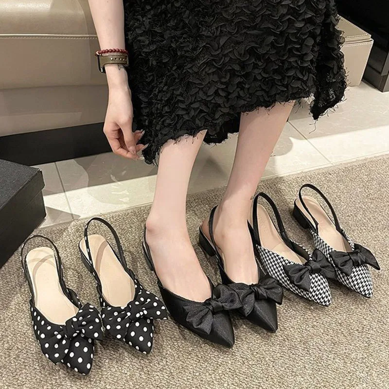 Women's Pumps Fashion Pointed Toe Bowknot Slingbacks Pumps Plaid Polka Dots Heels Slip-on Small Heel Sandals Casual Thin Shoes 2
