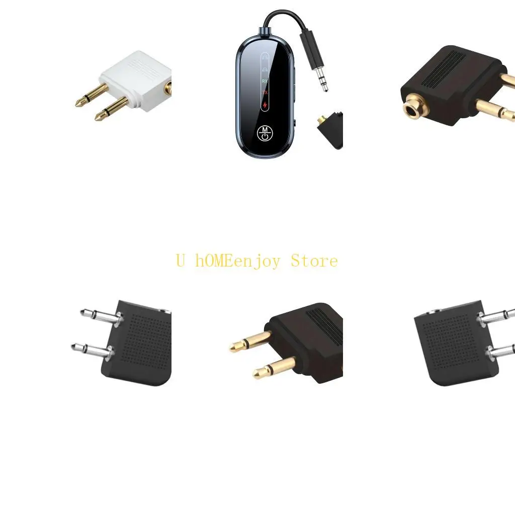 B0KF 항공 헤드폰 어댑터 블루투스 호환 5.0 송신기 항공기 체육관 차량용 이중 3.5mm 잭