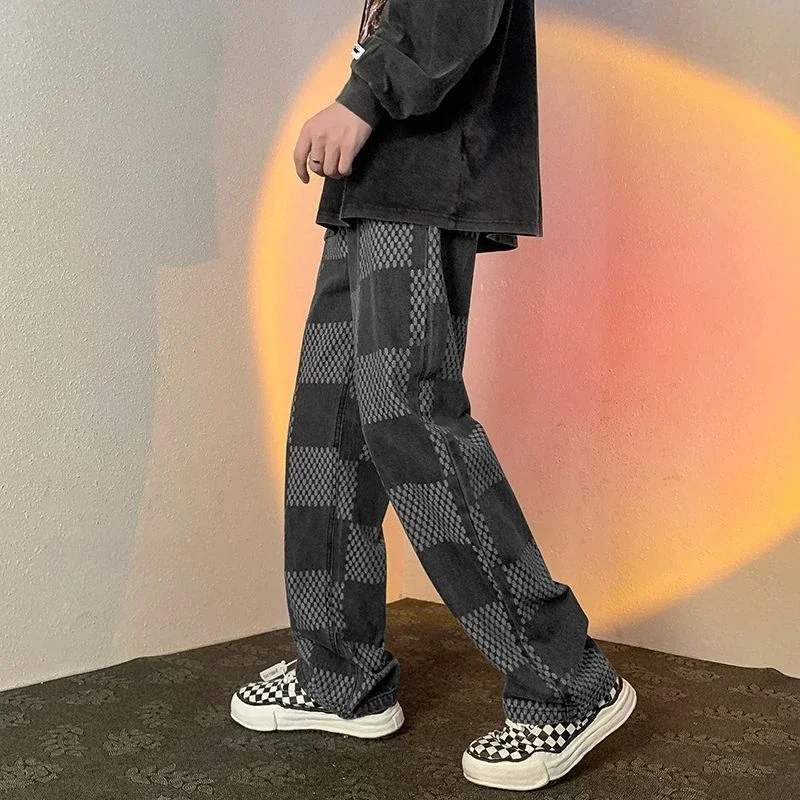 

Men's Jeans Plaid Trousers Black Spliced Man Cowboy Pants Straight Wide Leg Washed Aesthetic Autumn Clothing Designer Regular Xs