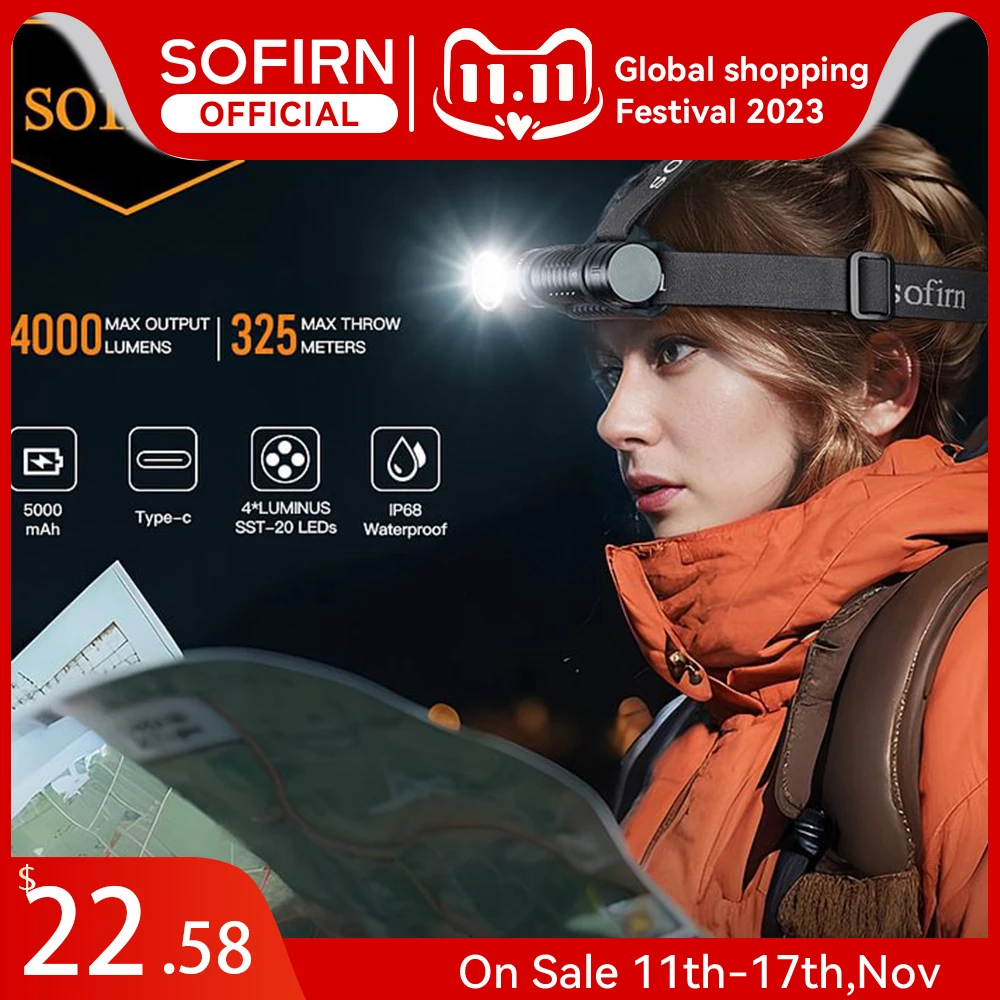  SOFIRN HS41 Headlamp 4000lm 21700 USB C Rechargeable with Power Bank Flashlight SST20 LED Torch Indicator with Magnetic Tail 