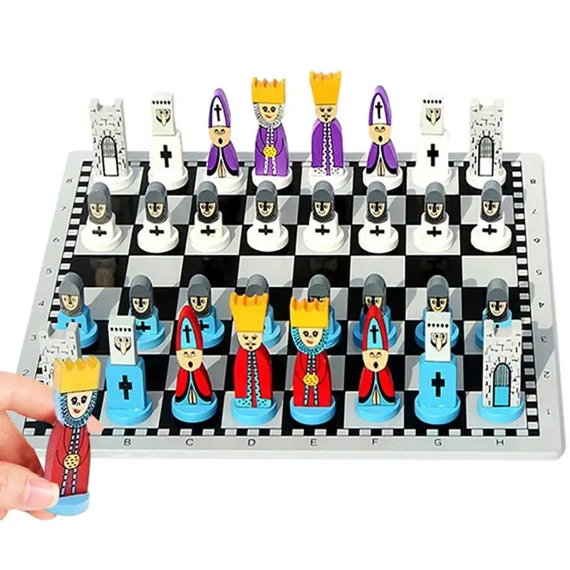 Cartoon Modeling Chess Toys Wooden Doll Chess Set Portable For Child Early Educational Board Games