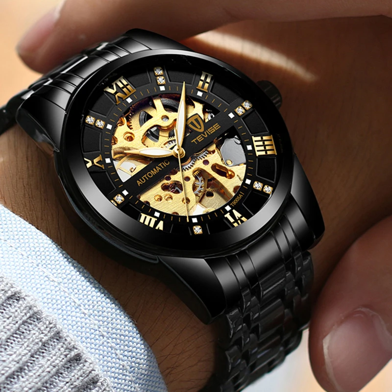 

TEVISE Top Brand Luxury Mens Automatic Mechanical Watches Luminous Gear Movement Sport Design Metal Case Skeleton Wristwatches