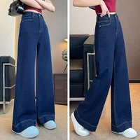 Girls Fashion Korean Straight Casual Jeans Female Baggy High Waist Wide Leg Denim Pants Women Classic Wash Dark-blue Trousers - Image 4