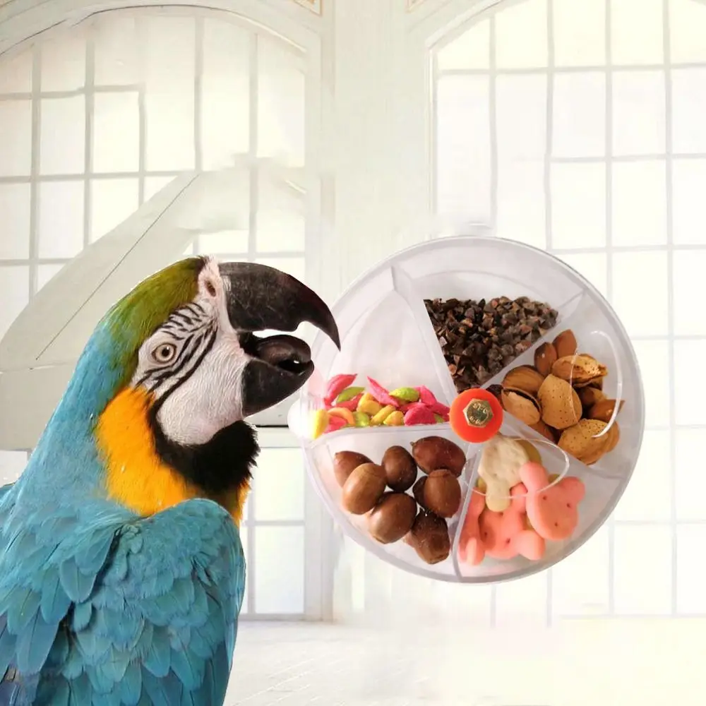 

2023 Round Bite resistant Compartmentate Hanging Plastic Parrot Feeder Birds Accessoires Pet Treat Box Bird Toy Wheel