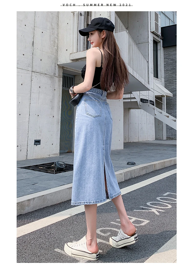 Korean Fashion Temperament Light Blue Denim Skirt 2022 Summer Women'S New High Waist Thin Wrap Hip A-Word Medium Length Skirt purple skirt