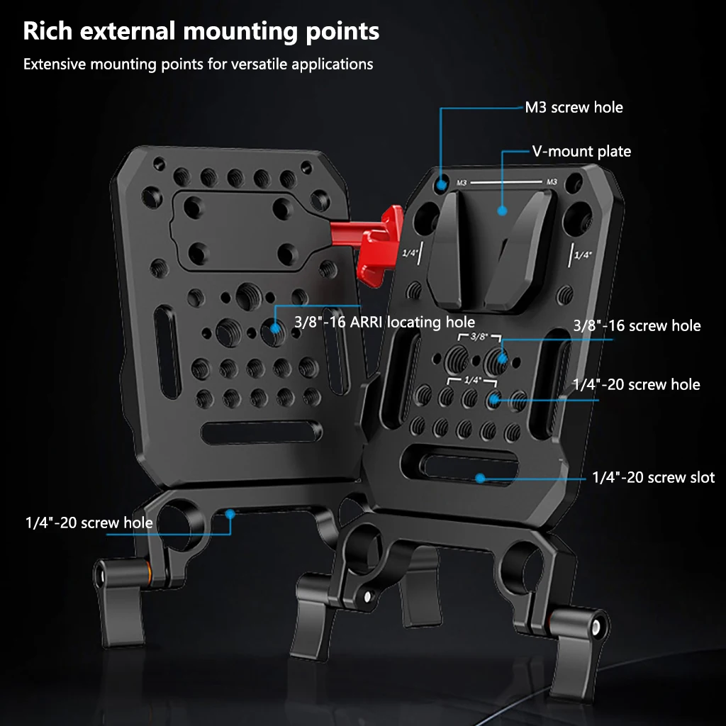 DSLR-Kamera-Akku-V-Mount-Platte mit Dual-15-mm-Stangenklemme, V-Lock-Akku-Halterungsplatte, Käfig, Follow-Focus-System, Halterung – Detail 15