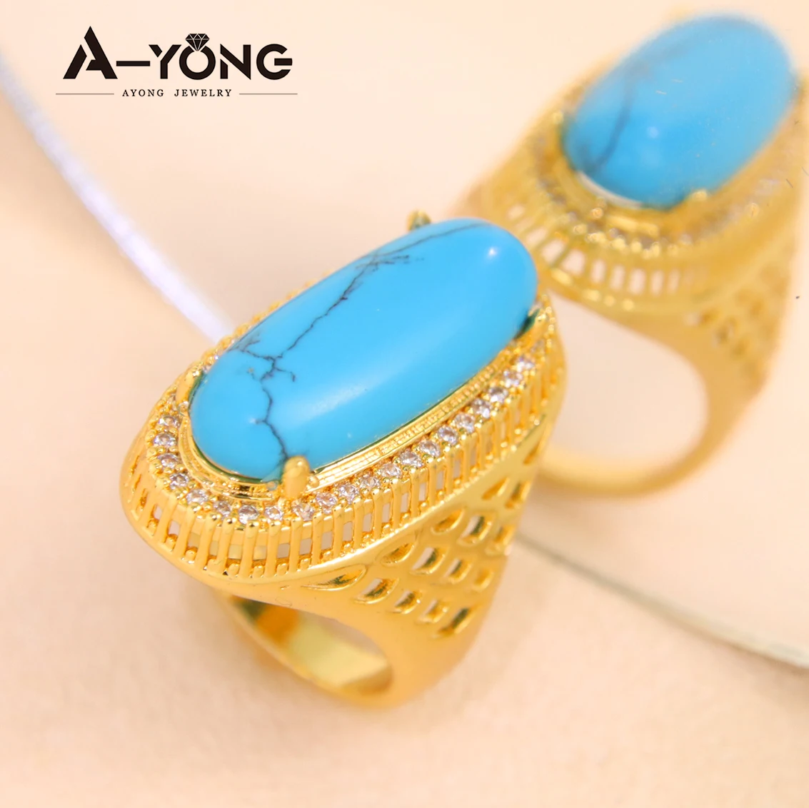 Luxus Türkis vergoldete Ringe 21 Karat Gold Farbe Saudi Mode großen Ring Dubai Frauen Hochzeits feier Vintage Schmuck – Detail 8