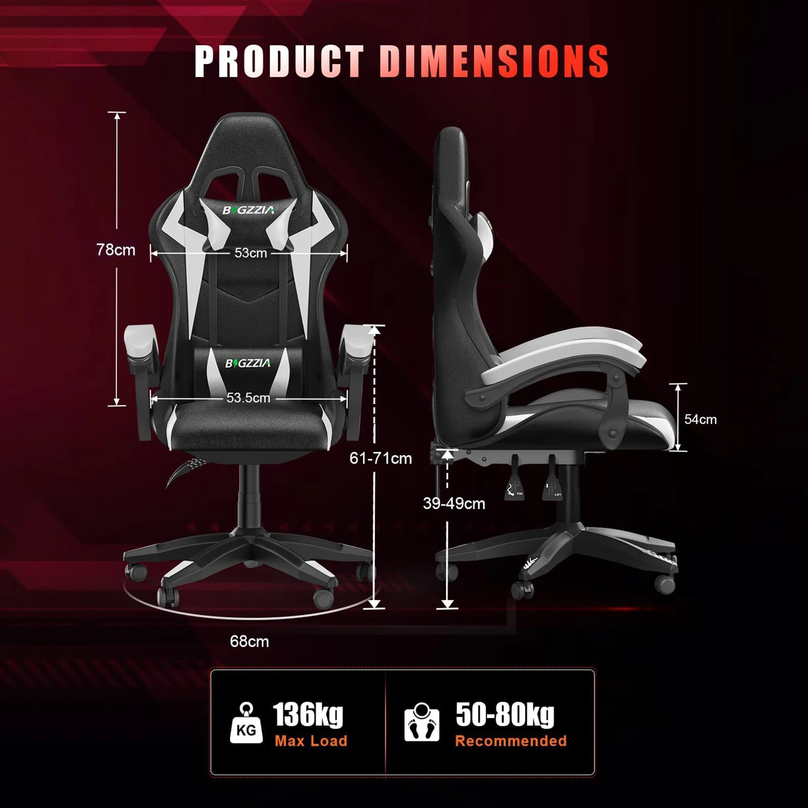 RGB Gaming Chair LED Lights Ergonomic Computer Chair Reclining PU Leather High Back Video Game Chair Adjustable Lumbar Support 6