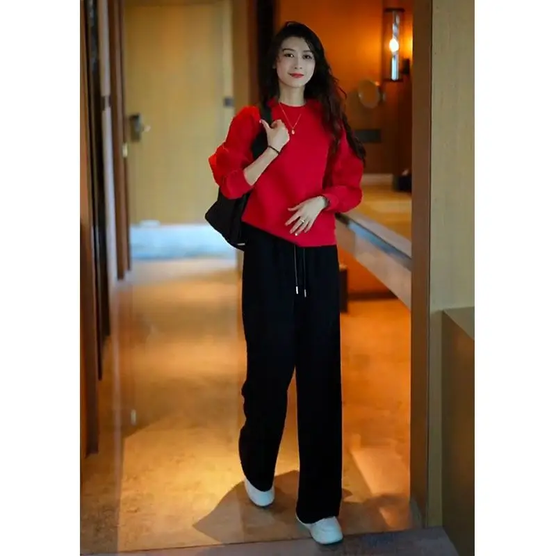 Leisure Sportswear Outfits 2023 Spring Autumn Red Round Neck Sweater High Waist Straight Leg Wide Leg Pants Two Piece Set
