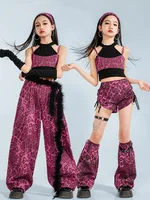 K-pop – haut court léopard pour filles, pantalon Cargo de danse de rue, short Hip Hop Jazz, ensemble de vêtements pour enfants, Streetwear, Costume élégant 2