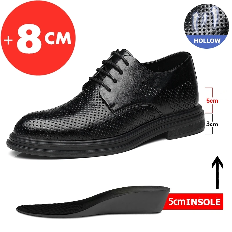 Mens Leather Dress Shoes Summer Elevator Shoes Men Dress Shoes 3/6/8 Cm Men Formal Hollow Classic Business Luxury Oxfords Footwear Suit