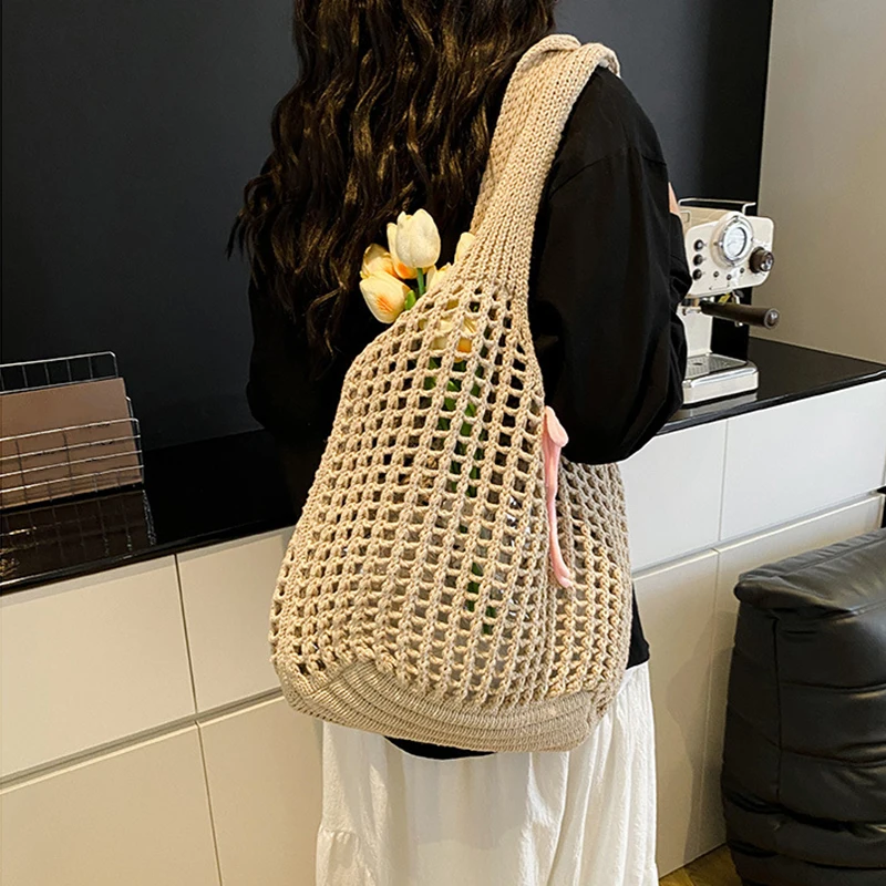 Large Capacity Knitted Hollow Shoulder Bag Crochet Underarm Tote Casual Beach Commuting Bag for Women