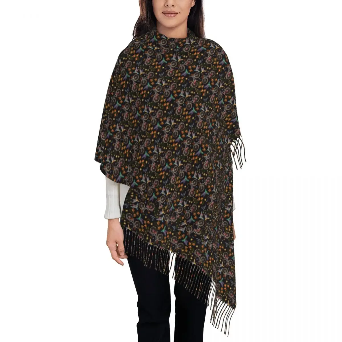 

Bicycle Humming Bird And Flowers Women's Tassel Shawl Scarf Fashion Scarf