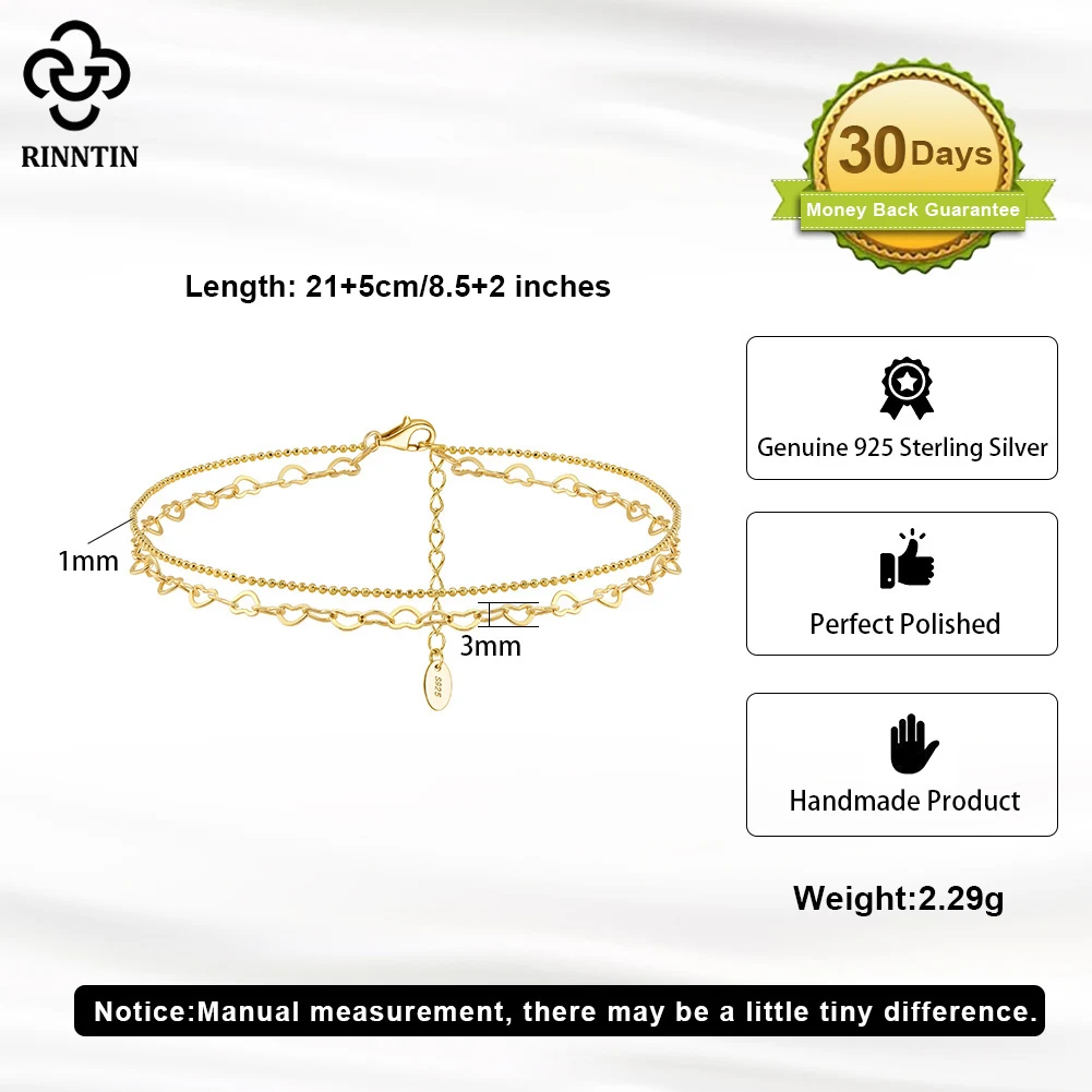 Rinntin 925 Sterling Silver Layered Ball Bead Anklet with Rolo Heart Link Chain for Women  Summer Foot Ankle Straps Jewelry SA66