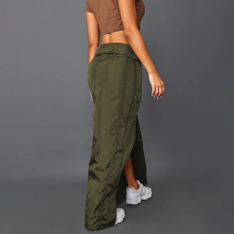 Fashion Women's Spring Summer Solid Color Army Green Casual Woven Side Slit Lapel Zipper Pocket Tooling Cargo Pants Skirt