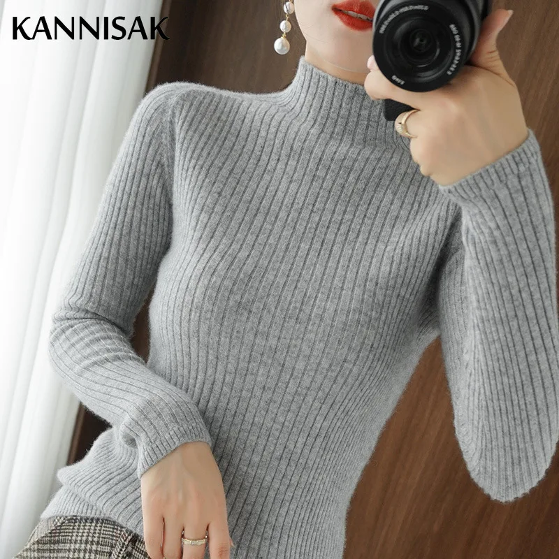 Womens Sweater Solid Mock Neck Inner Bottoming Shirt Korean Slim Fit Stretch Pullovers Autumn Winter Casual Knitted Warm Jumpers 6