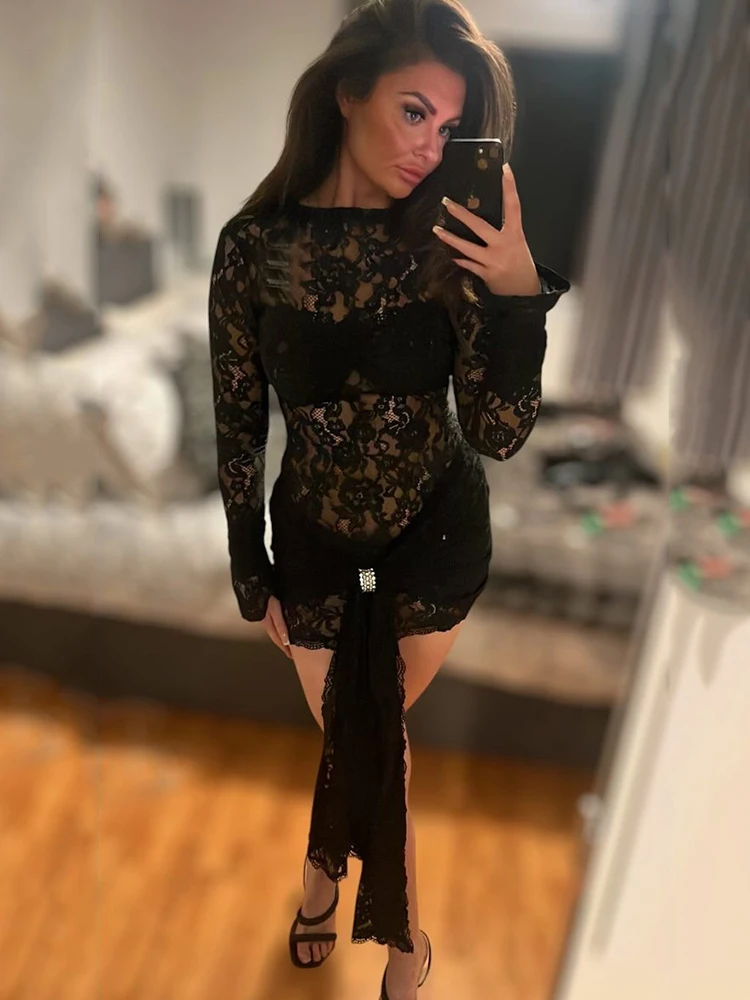 Women Dress Mozision Lace Long Sleeve Sexy Mini Dress For Women Robe Fashion Black See Through Draped Ruched Bodycon Club Party Dress