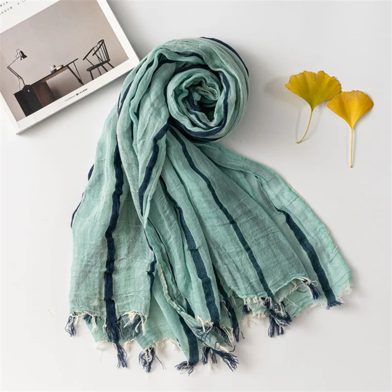 

Japanese Korean Style Unisex Cotton Linen Scarf Fashion Striped Men's Scarves Beach Women's Long Shawl Pashmina Male Bufandas