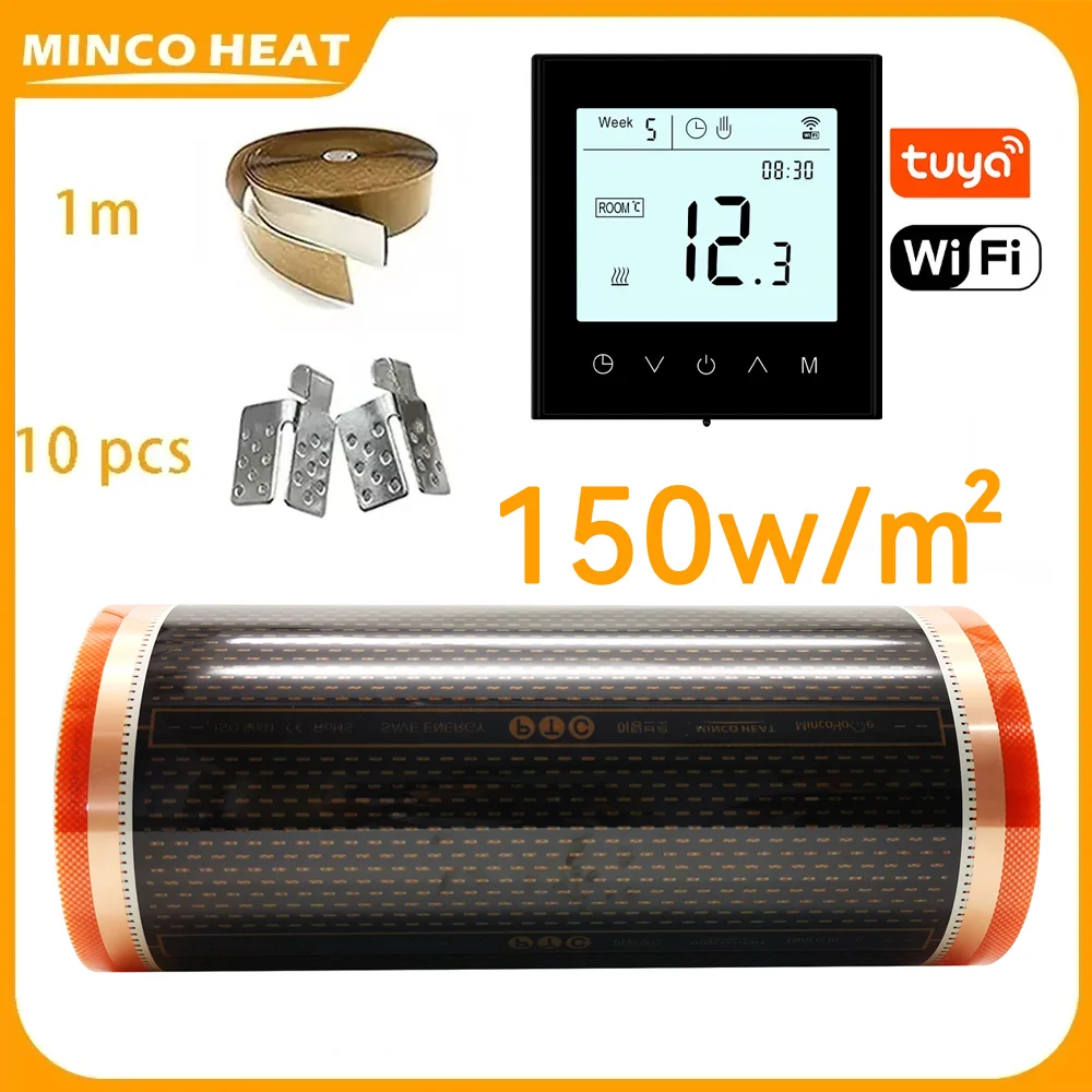 150วัตต์/ ㎡   5 ㎡   ความกว้าง 50 ซม. ประหยัดพลังงานกราฟีนอินฟราเรด PTC ฟิล์มทําความร้อนพื้นอุ่นเสื่อทําความร้อนพร้อมชุดติดตั้งเทอร์โมสตัท 1