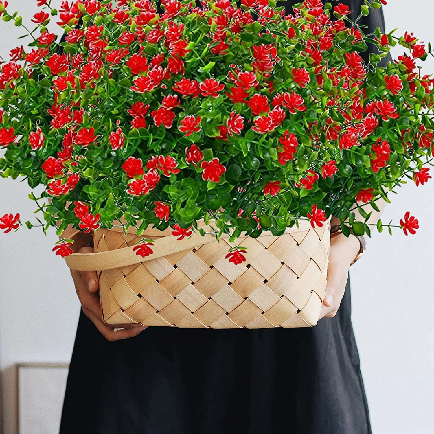 9 Fiori Artificiali Per Esterni In Tessuto E Plastica – Mazzi Rosa-Rossi Con Foglie Di Eucalipto, Altezza 38cm, Resistenti UV, Per Balconi, Giardini, Vasi E Fioriere