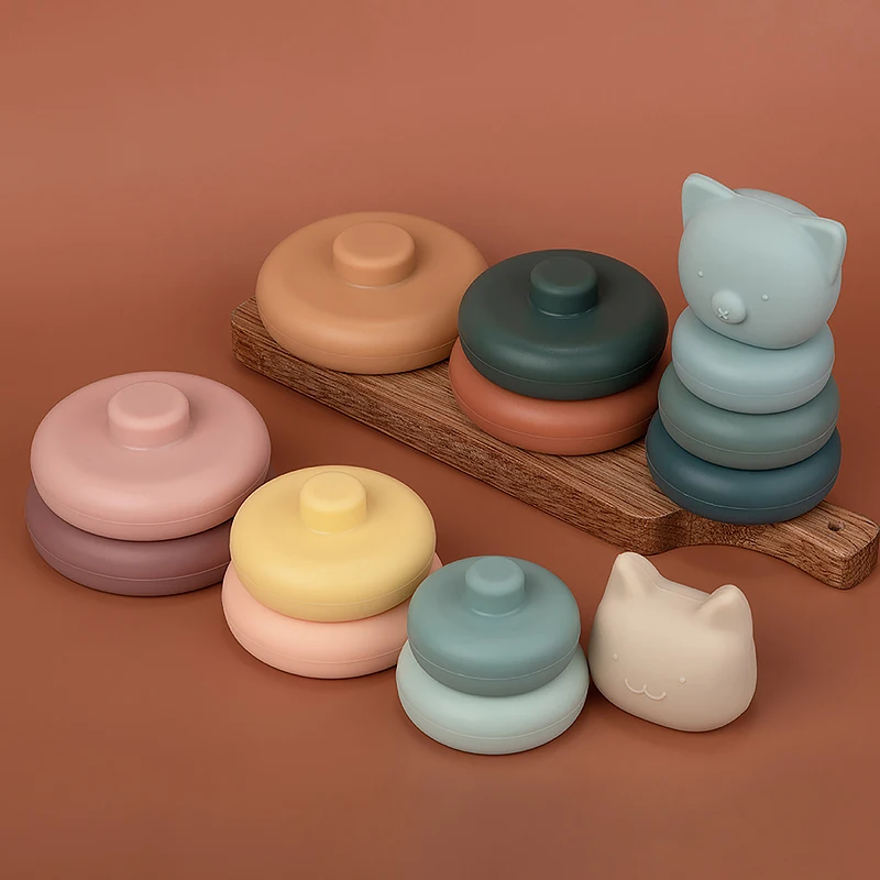 7pcs/set Baby Toy Building Blocks Silicone Stacking Blocks Round Shape Silicone Construction Toy Rubber Teethers Montessori