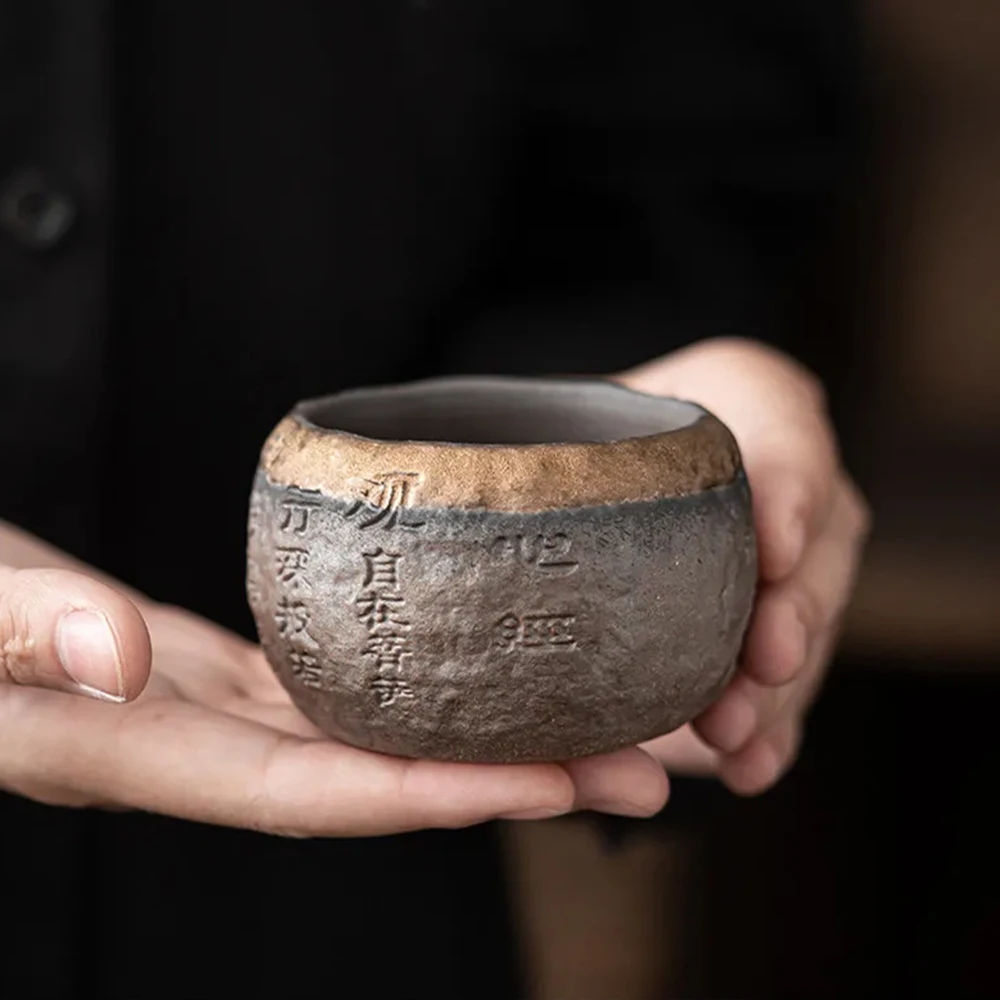 

120ml Handmade clay tea cup Rough Pottery Handmade Relief Heart Sutra Zen Cup Ceramic Master Single Cup Chinese Tea Cup