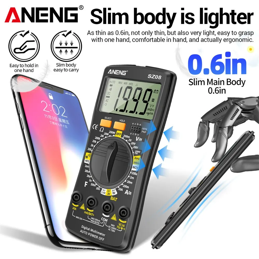 ANENG SZ08 Digital Ultra-thin Multimeter Storage Professional Meter Auto Voltmeter AC DC 220V Resistance Handhold Testers 2