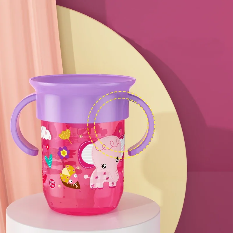Drinking Cup Water Cup Feeding Cup 360 Rotated Cartoon Baby Learning Drinking Cup with Double Handle Flip Lid Leakproof Infants Water Cups Bottle BPA Free